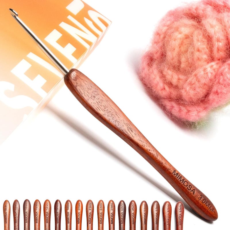 sevensun Mimosa 3mm Single Crochet Hook, Available in 0.6mm-6.5mm, Ergonomic Hand Polished Stainless Steel Inline Pointy Wood Handle Crochet Hook for Arthritic Hands, Mother's Day Gifts for Mom - Image 1